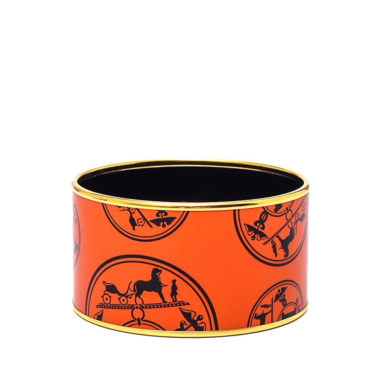 Hermes -Caléche Rodeo Print Wide Enamel Bracelet Orange M 